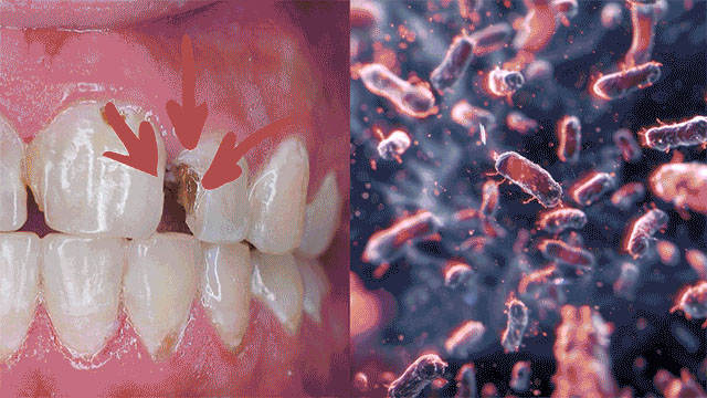 Graphic illustration of oral bacteria affecting gums and teeth