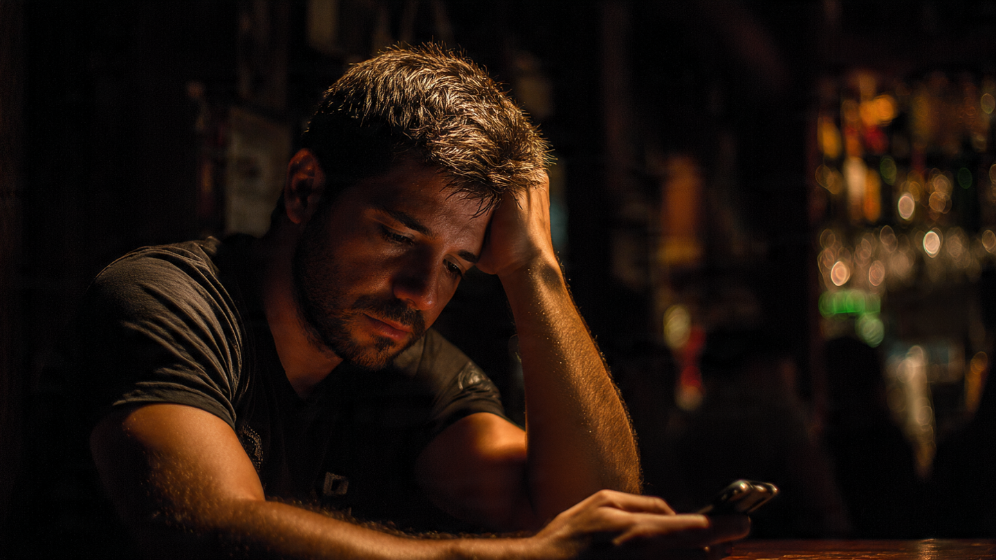 Frustrated man looking at his phone at a bar